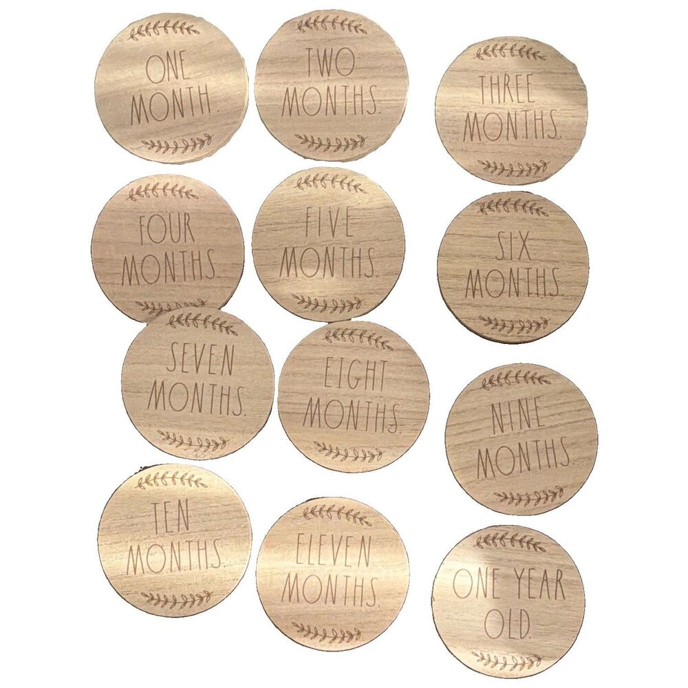 Wooden Monthly Baby Milestone Discs Set, Brown Numbers & Letters, 1-12 Months